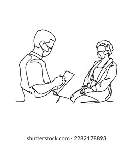 One continuous line drawing of a doctor is examining patient in the clinic or hospital. Health design concept with simple linear style. Health themes vector design illustration concept.