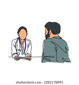 Un dibujo de línea continua de un médico es examinar al paciente en la clínica u hospital. Concepto de diseño de salud con un estilo lineal simple. Concepto de ilustración de diseño vectorial de temas de salud.