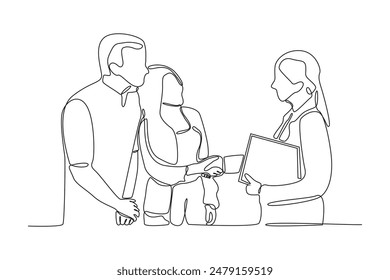 One continuous line drawing of a doctor is shaking hands when he meets his old patient. Frienship, meet up, gathering. simple line.