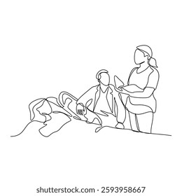 One continuous line drawing of a doctor is examining patient in the clinic or hospital. Health design concept with simple linear style. Health themes vector design illustration concept for education.