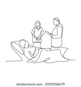 One continuous line drawing of a doctor is examining patient in the clinic or hospital. Health design concept with simple linear style. Health themes vector design illustration concept for education.