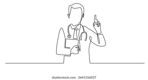 one continuous line drawing of a doctor with finger pointing up.single line vector illustration of a doctor gesturing with hand,health warning.