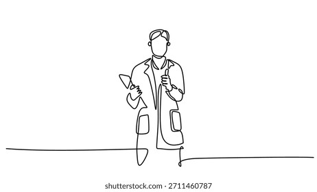 Dibujo de una línea continua de un médico dando un pulgar hacia arriba. Ilustración vectorial dibujada a mano, aislada sobre fondo blanco.