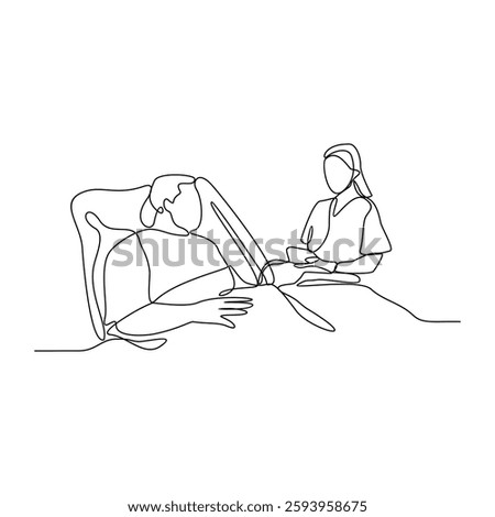 One continuous line drawing of a doctor is examining patient in the clinic or hospital. Health design concept with simple linear style. Health themes vector design illustration concept for education.