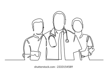 Un equipo continuo de doctores en dibujo de línea. un grupo de médicos jóvenes, hombres y mujeres, posan juntos. Concepto de servicio de atención médica.
