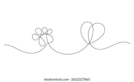 Um desenho de linha contínua de uma impressão de pata de cão ou gato com coração. Símbolo minimalista do amor de estimação. Linha de arte pegada animal. Conceito de cuidar e amar animais. Traçado editável.