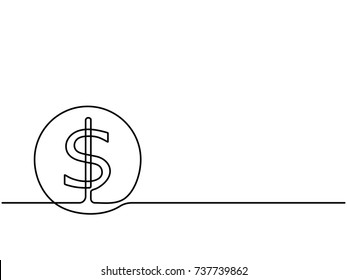 One continuous line drawing of dollar coin icon isolated on white background. EPS10 vector illustration for banner, web, design element, template. Money investment concept. Black thin line style.