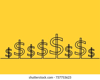 One continuous line drawing of dollar icon isolated on white background. EPS10 vector illustration for banner, web, design element, template. Money investment concept. Black thin line style.