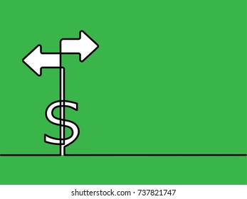 One continuous line drawing of dollar sign icon with arrows isolated on green background. Vector illustration for banner, web, design element, template, postcard. Money exchange concept.