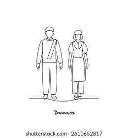 One continuous line drawing of Dominica traditional clothes vector illustration. North America traditional clothes concept in simple linear style. Fashion and beauty for educational and asset purpose