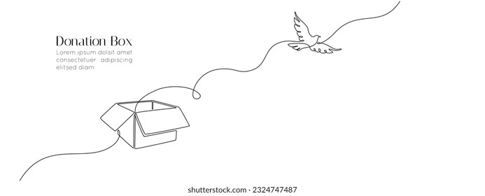 One continuous line drawing of donate box with bird dove. Minimalist peace concept of help and volunteer activity web banner in simple linear style. Editable stroke. Doodle vector illustration