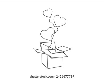 Una línea continua de dibujo de caja de donativos con corazones. Concepto minimalista de apoyo de ayuda y actividad voluntaria en banner web vertical en estilo lineal simple. Regalo de amor ilustración vectorial