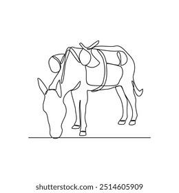 Um desenho de linha contínua da ilustração do vetor do burro. Burro são capazes de carregar cargas pesadas e puxar carrinhos. Temas animais projetam vetor com ilustração de conceito de estilo linear simples. 