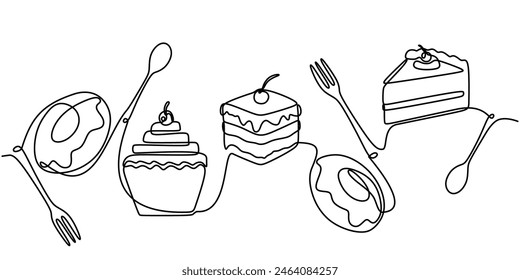 one continuous line drawing of donuts, muffin, and cherry cake with spoon and fork isolated on white background.