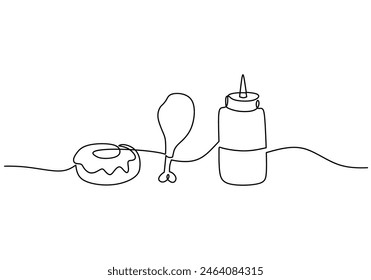 una línea continua de dibujo de rosquillas, pollo frito y salsa. Concepto minimalista de comida rápida aislado sobre fondo blanco.