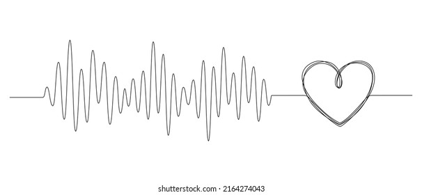 One continuous line drawing of doodle heart with pulse. Ekg wave of romantic symbol in simple linear style. Divider shape with Editable stroke. Scribble heartbeat vector illustration