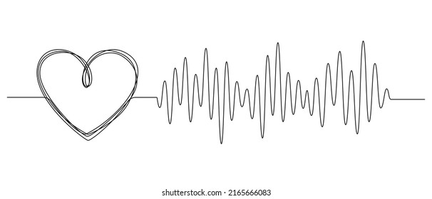 One continuous line drawing of doodle heart with pulse. Sound wave romantic symbol in simple linear style. Divider shape with Editable stroke. Heartbeat vector illustration