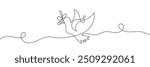 One continuous line drawing of dove with olive branch. Bird symbol of peace and freedom in simple linear style. Concept for national labor movement icon. Editable stroke. Doodle vector illustration
