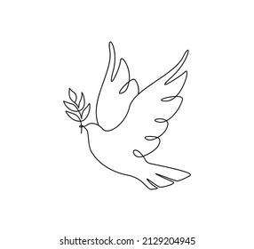 One continuous line drawing dove peace flying and olive twig  Bird   branch symbol peace   freedom in simple linear style  Pigeon icon  Doodle vector illustration