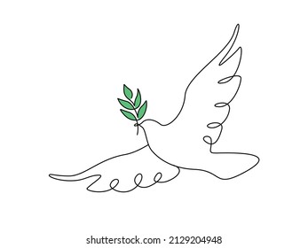 One continuous line drawing of dove of peace flying with green olive twig. Bird and branch symbol of peace and freedom in simple linear style. Pigeon icon. Doodle vector illustration