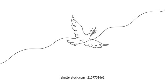 One continuous line drawing of dove with olive branch. Bird symbol of peace and freedom in simple linear style. Concept for national labor movement icon. Editable stroke. Doodle vector illustration