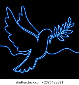 One continuous line drawing of dove with olive branch. Bird symbol of peace and freedom icon neon glow vector illustration concept