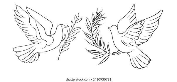 One continuous line drawing of dove with olive branch. Outline of isolated on white background. Monochrome vector illustration.