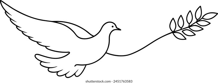 One continuous line drawing of dove with olive branch. Bird symbol of peace and freedom in simple linear style