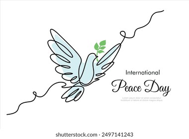 One continuous line drawing of dove or pigeon with olive branch. Bird symbol of peace and freedom in simple linear style. International peace day concept.