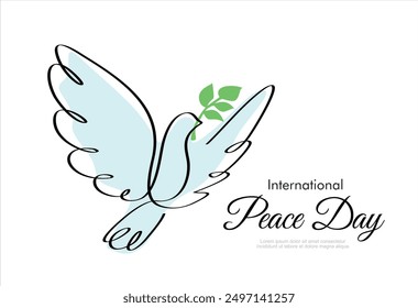 One continuous line drawing of dove or pigeon with olive branch. Bird symbol of peace and freedom in simple linear style. International peace day concept.