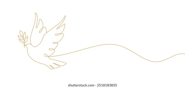 One continuous line drawing of dove of peace flying with olive twig. Bird and branch symbol of peace and freedom in simple linear style. Pigeon icon. Doodle vector illustration