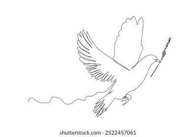 Un dibujo de línea continua de paloma con rama de olivo. Símbolo de pájaro de paz y libertad en estilo lineal simple. Concepto para el icono del movimiento obrero nacional. Vector hecho a mano, no IA.