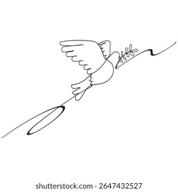 One continuous line drawing of dove with olive branch. Bird symbol of peace and freedom in simple linear style. Concept for national labor movement icon. Editable stroke. Doodle vector illustration
