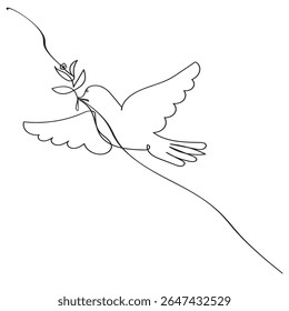 One continuous line drawing of dove with olive branch. Bird symbol of peace and freedom in simple linear style. Concept for national labor movement icon. Editable stroke. Doodle vector illustration