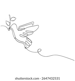 One continuous line drawing of dove with olive branch. Bird symbol of peace and freedom in simple linear style. Concept for national labor movement icon. Editable stroke. Doodle vector illustration