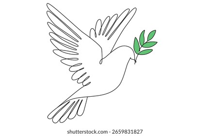 One continuous line drawing of dove of peace flying with olive twig. Bird and branch symbol of peace and freedom in simple linear style. Pigeon icon. Vector illustration eps 10