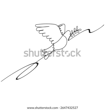One continuous line drawing of dove with olive branch. Bird symbol of peace and freedom in simple linear style. Concept for national labor movement icon. Editable stroke. Doodle vector illustration