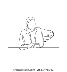 One continuous line drawing of drink coffee activity with simple linear style vector illustration. Coffee themes design in simple linear vector concept. Suitable for your business and asset design.