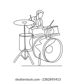 One continuous line drawing of Drummer vector illustration. Drummer illustration simple linear style vector concept. Music player design suitable for your asset design.