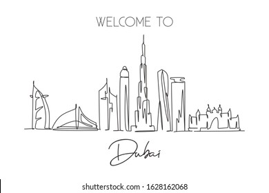 One continuous line drawing Dubai city skyline United Arab Emirates  Beautiful city landmark  World landscape tourism   travel  Editable stylish stroke single line draw design vector illustration