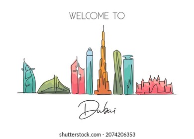 One continuous line drawing of Dubai city skyline United Arab Emirates. Beautiful city landmark. World landscape tourism and travel. Editable stylish stroke single line draw design vector illustration