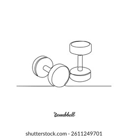 One continuous line drawing of a Dumbbell tools for gymnastics at fitness center vector illustration. Gymnastic tools type in simple linear style vector concept. Suitable for educational purpose.