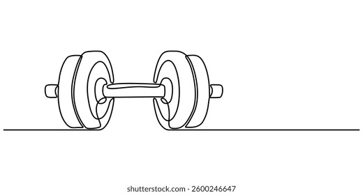 One continuous line drawing of dumbbells. Sports equipment. Sport, training, health. Vector illustration, Single continuous line drawing of dumbbells. Sport equipment in one linear style. pro Design.