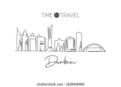 One Continuous Line Drawing Of Durban City Skyline, South Africa. Beautiful Landmark Postcard Print. World Landscape Tourism Travel Vacation. Stylish Stroke Single Line Draw Design Vector Illustration