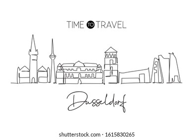 One continuous line drawing of Dusseldorf city skyline, Germany. Beautiful skyscraper. World landscape tourism travel vacation wall decor poster. Stylish single line draw design vector illustration