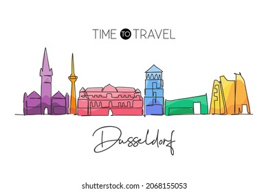 One continuous line drawing of Dusseldorf city skyline, Germany. Beautiful skyscraper. World landscape tourism travel vacation wall decor poster. Stylish single line draw design vector illustration