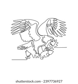 One continuous line drawing of an eagle is preying on fish in the sea vector illustration. wild animal illustration simple linear style vector concept. wild animal vector activity for asset design.