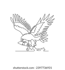 One continuous line drawing of an eagle is preying on fish in the sea vector illustration. wild animal illustration simple linear style vector concept. wild animal vector activity for asset design.