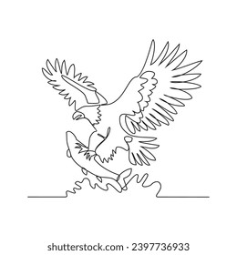 One continuous line drawing of an eagle is preying on fish in the sea vector illustration. wild animal illustration simple linear style vector concept. wild animal vector activity for asset design.