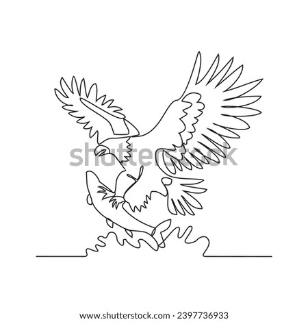 One continuous line drawing of an eagle is preying on fish in the sea vector illustration. wild animal illustration simple linear style vector concept. wild animal vector activity for asset design.